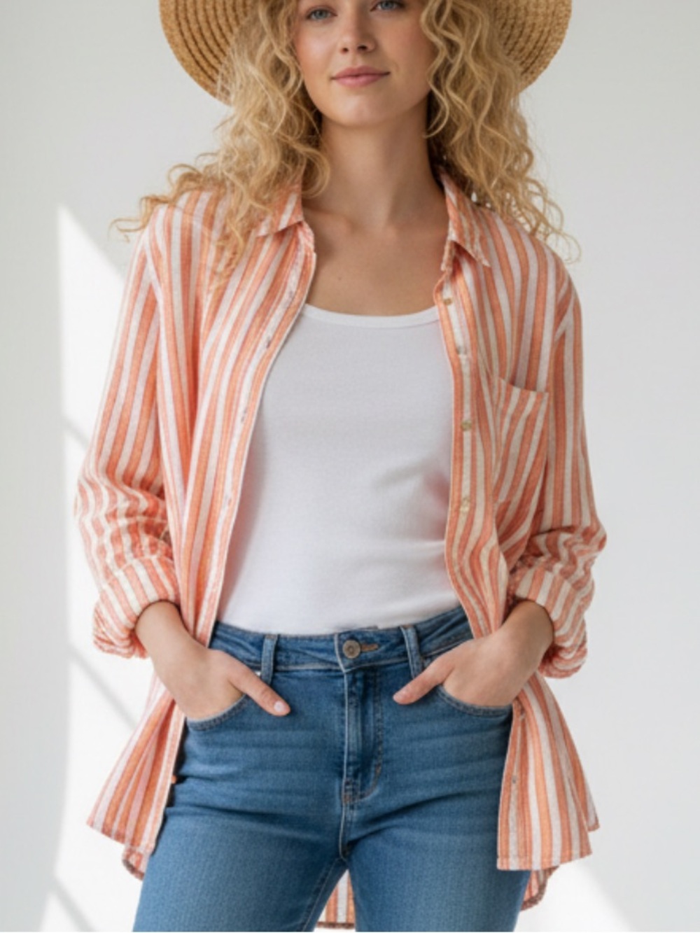 Universal Thread linen blend Orange & White Striped Button-Down Shirt